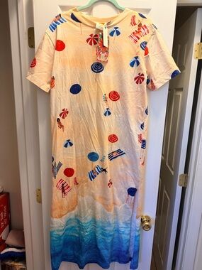 Farm rio Anthropologie Beach Print Maxi Dress in Peach, Blue & Red